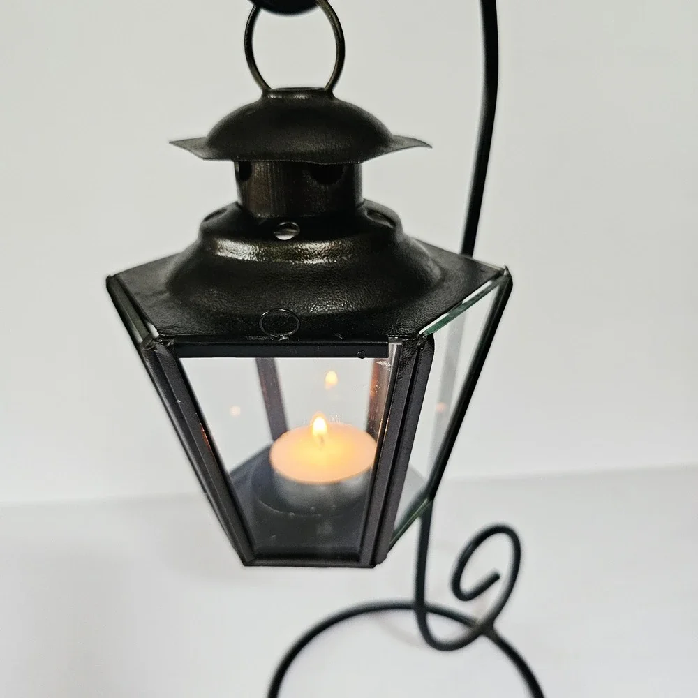 Vintage Indian Hanging Glass Lantern Black Metal Stand Gothic Witchy Home Decor